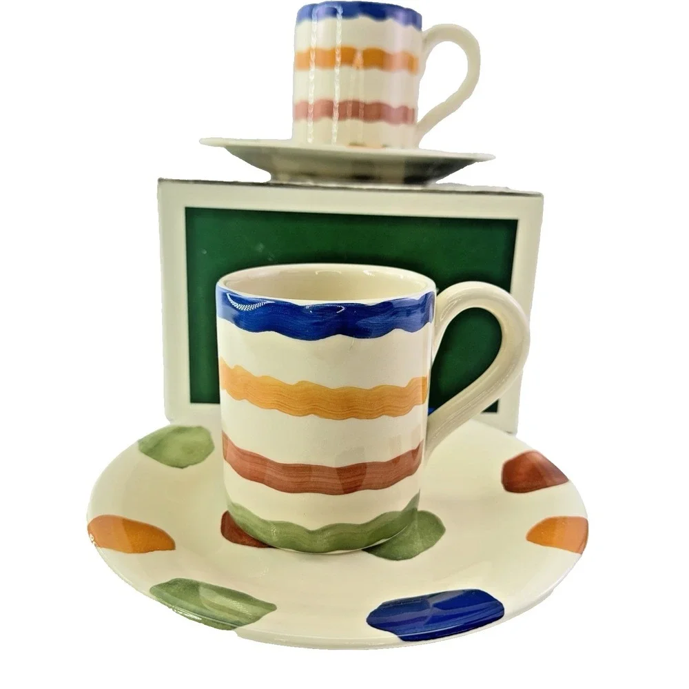 Pier 1 Italy Handpainted Stripe Polka Dot Cafe For Two Mug Plate Set Box Rare